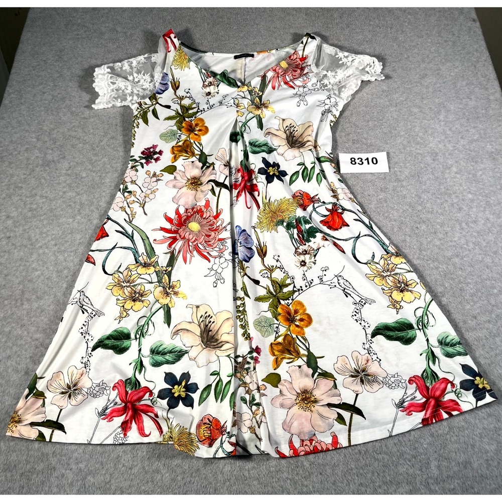 JustFashionNow Womens 2XL Floral Print Lace Cold Shoulder A-Line Dress White